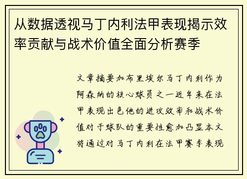 从数据透视马丁内利法甲表现揭示效率贡献与战术价值全面分析赛季